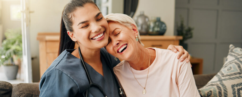 Smile, happy or laughing nursing home retirement elderly woman and healthcare nurse.